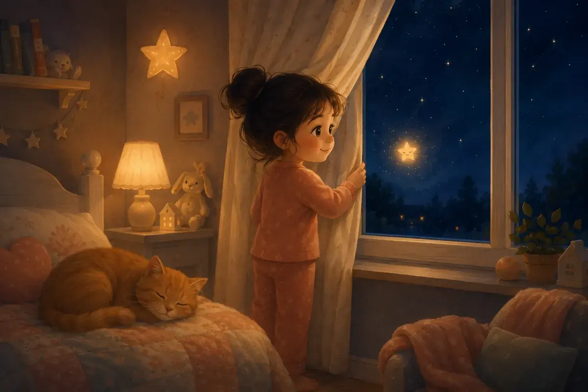 Maya in her pyjamas at the bedroom window at night, a small glowing star hovering just outside the glass, her cat Biscuit curled on the bed behind her